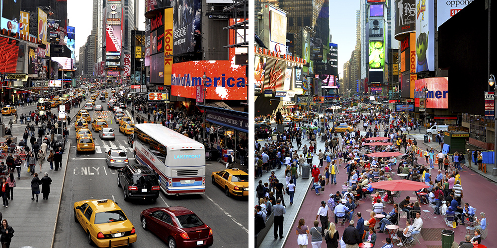 Times Square Broadway Boulevard Pedestrian Zone, Before & After, Image via NYCDOT